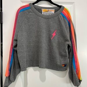 Aviator Nation Cropped Sweatshirt Heather Gray Neon Stripes Sz M